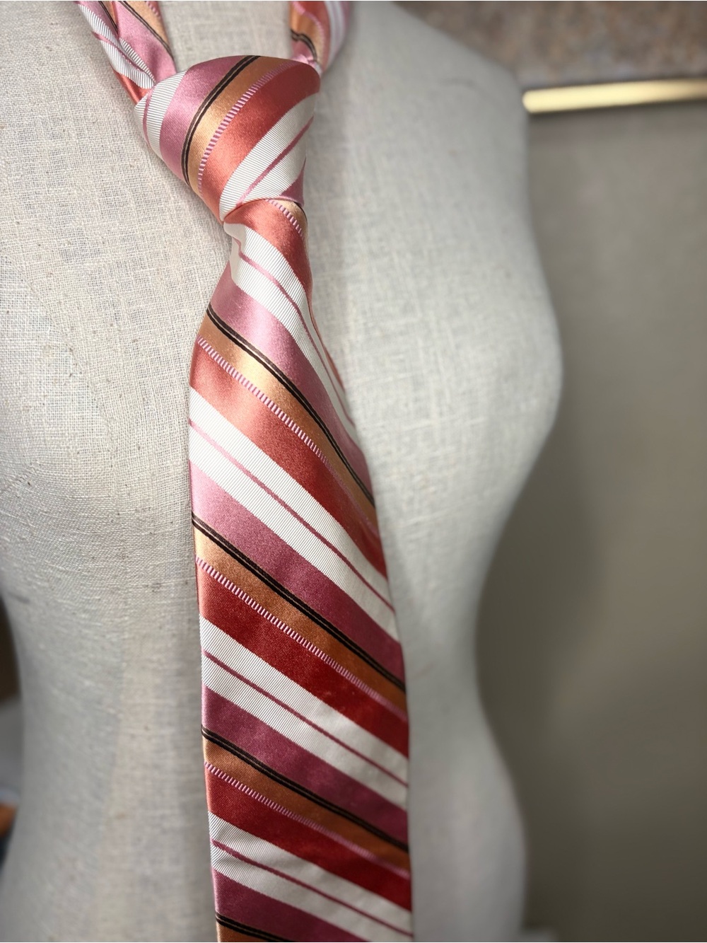 Ike Behar New York Silk Tie Pink Mauve Bronze Coral White Striped Luxury